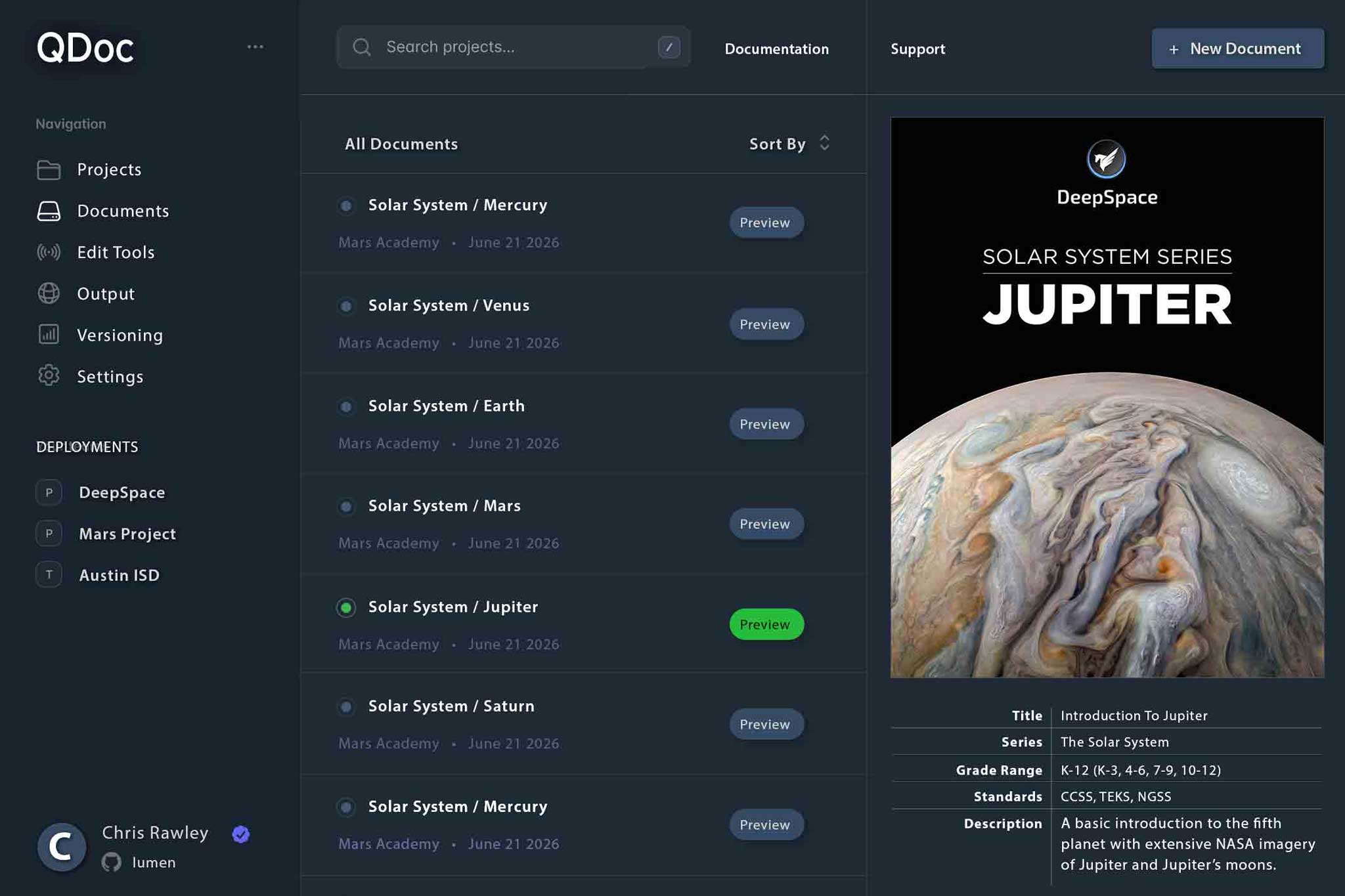 A dark application dashboard for managing and previewing digital documents